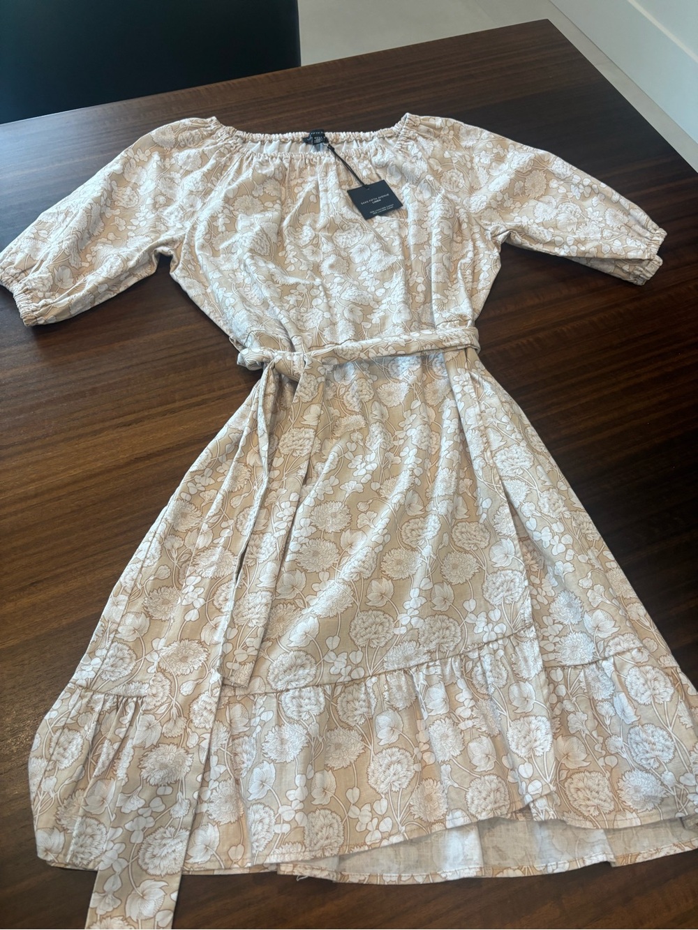 Saks Fifth Avenue Beige and White Floral Off-Shoulder Midi Dress with Tie Waist
